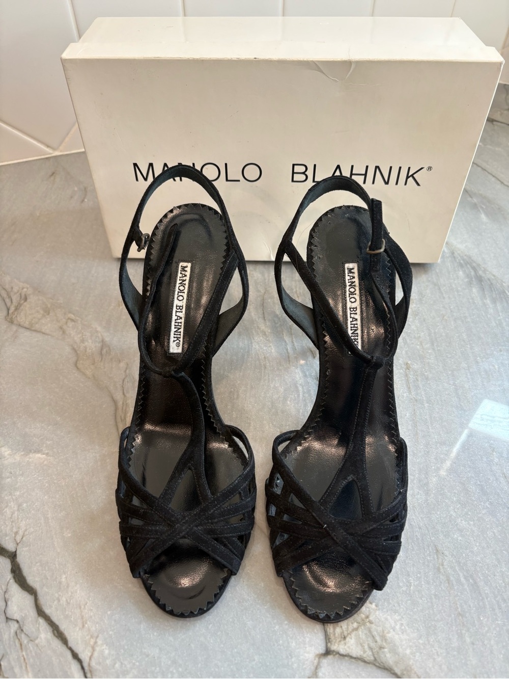 Manolo Blahnik Black Strappy Suede Stiletto Heels size 40 (10) - Picture 2 of 9